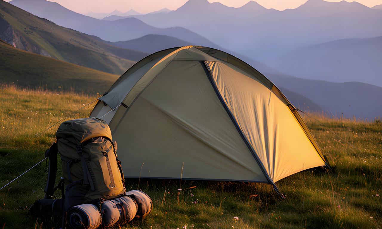 Leichtes Trekkingzelt auf einer alpinen Wiese bei Abendlicht mit gepacktem Rucksack daneben