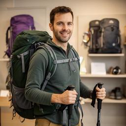 Espen Pacak mit Trekkingrucksack und Wanderstöcken vor einer Ausstellungswand