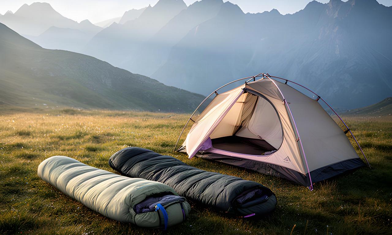 Zwei gepackte Schlafsäcke neben einem Zelt auf einer alpinen Wiese bei kühlem Morgenlicht