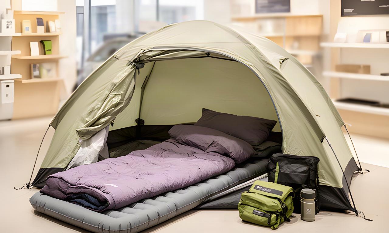 Aufgebautes Trekkingzelt mit Schlafmatte und Schlafsack in einer hellen Ausstellung