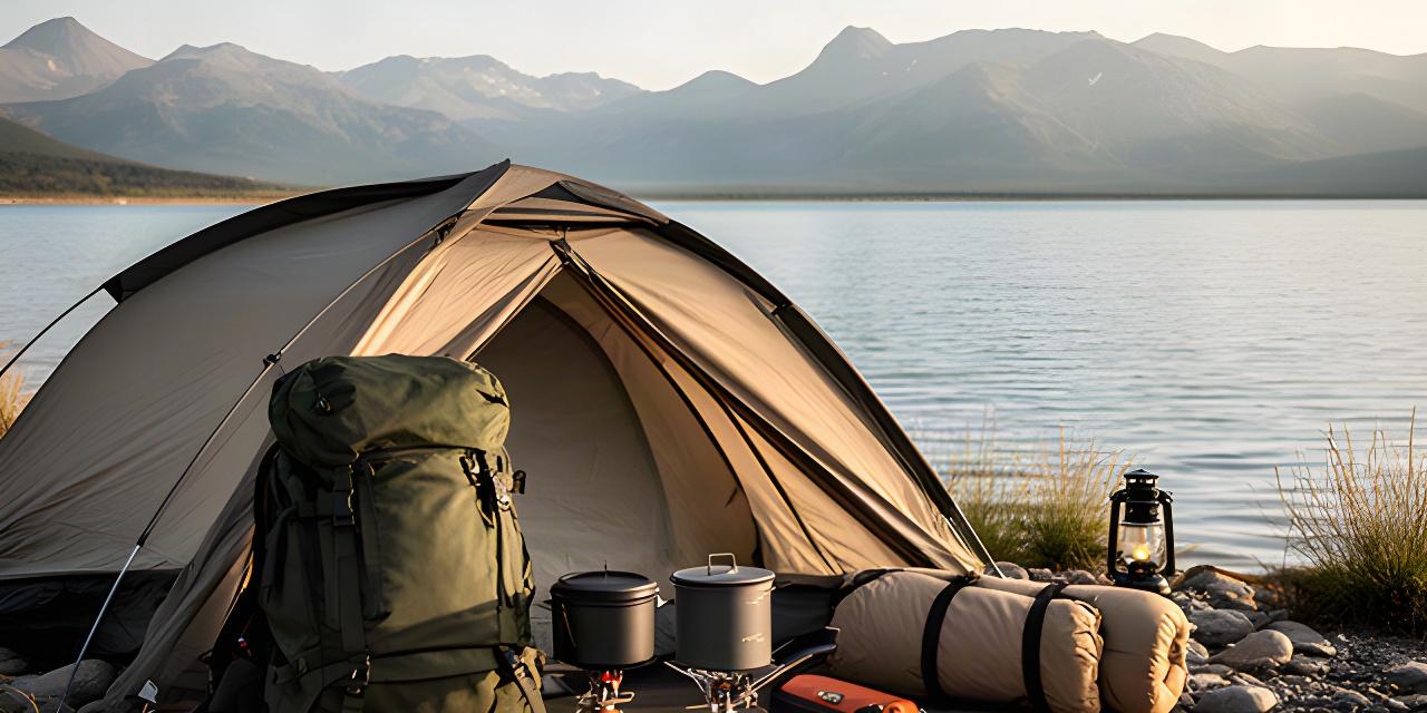 Ordentlich ausgelegte Campingausrüstung mit Zelt, Rucksack und Kochgeschirr an einem Seeufer
