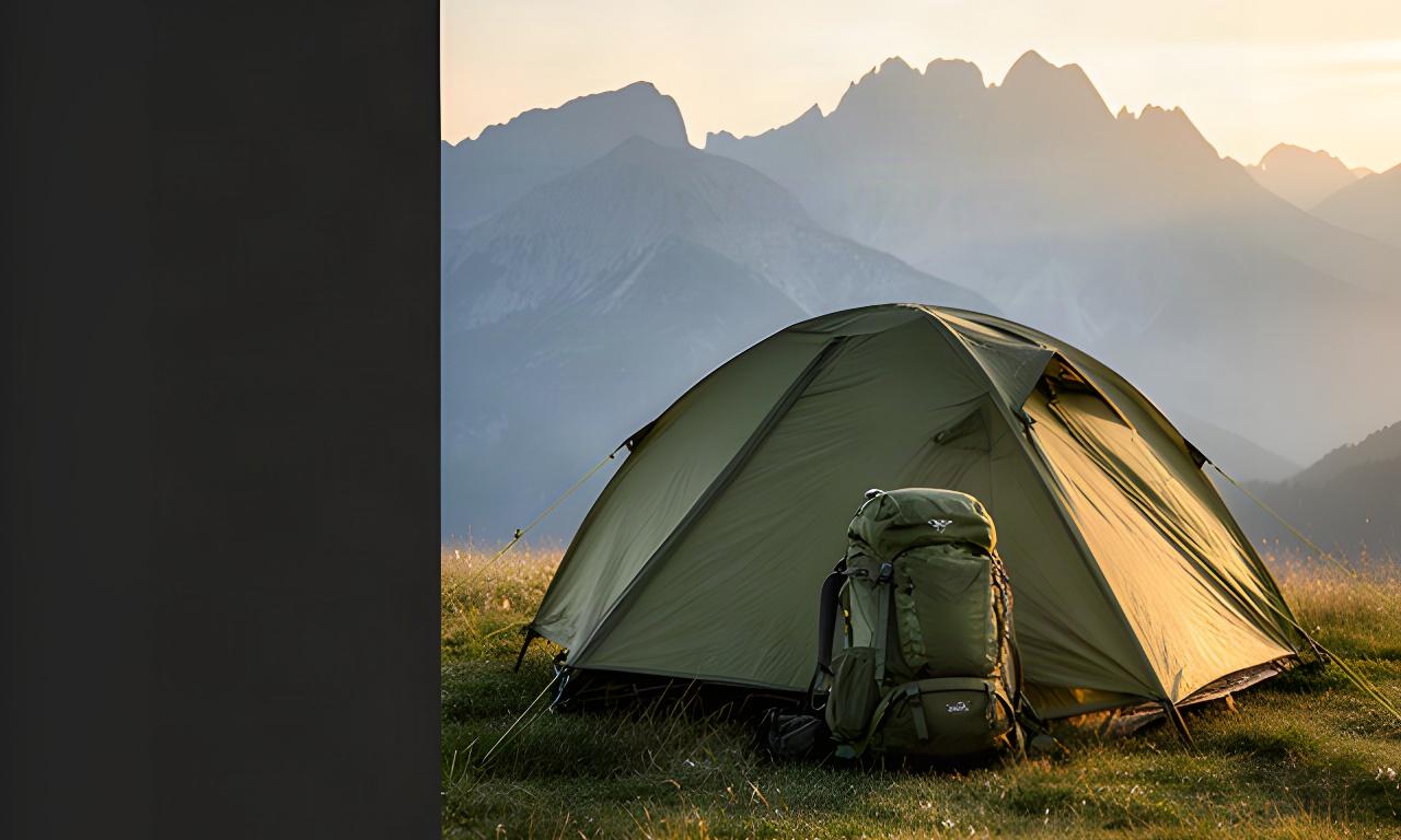 Robustes Trekkingzelt mit Rucksack auf einer alpinen Wiese bei Morgenlicht