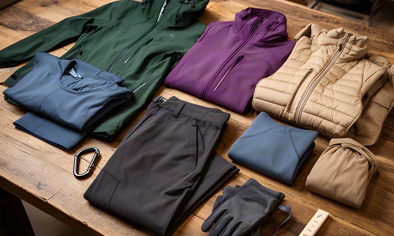 Auswahl wetterfester Jacken und Wanderhosen auf einem Holztisch in einer Outdoor-Boutique