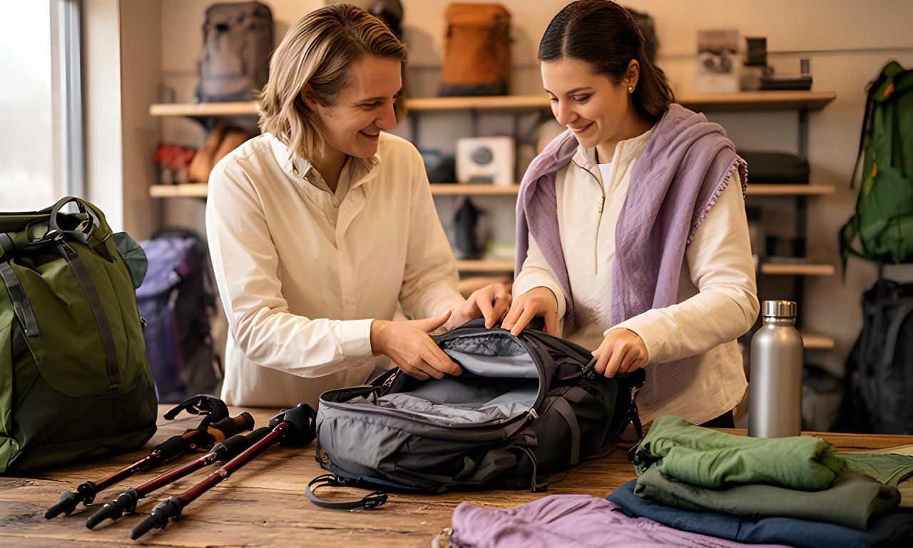 Beratung im Campinggeschäft mit geöffnetem Trekkingrucksack und Ausrüstung auf einem Holztisch