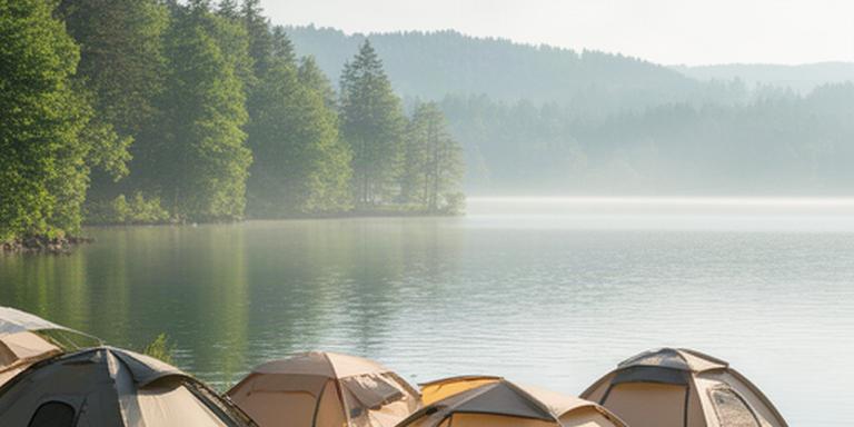 Ruhiger Zeltplatz am Bodensee bei Goldach mit Zelten, Wald und hellem Morgenlicht