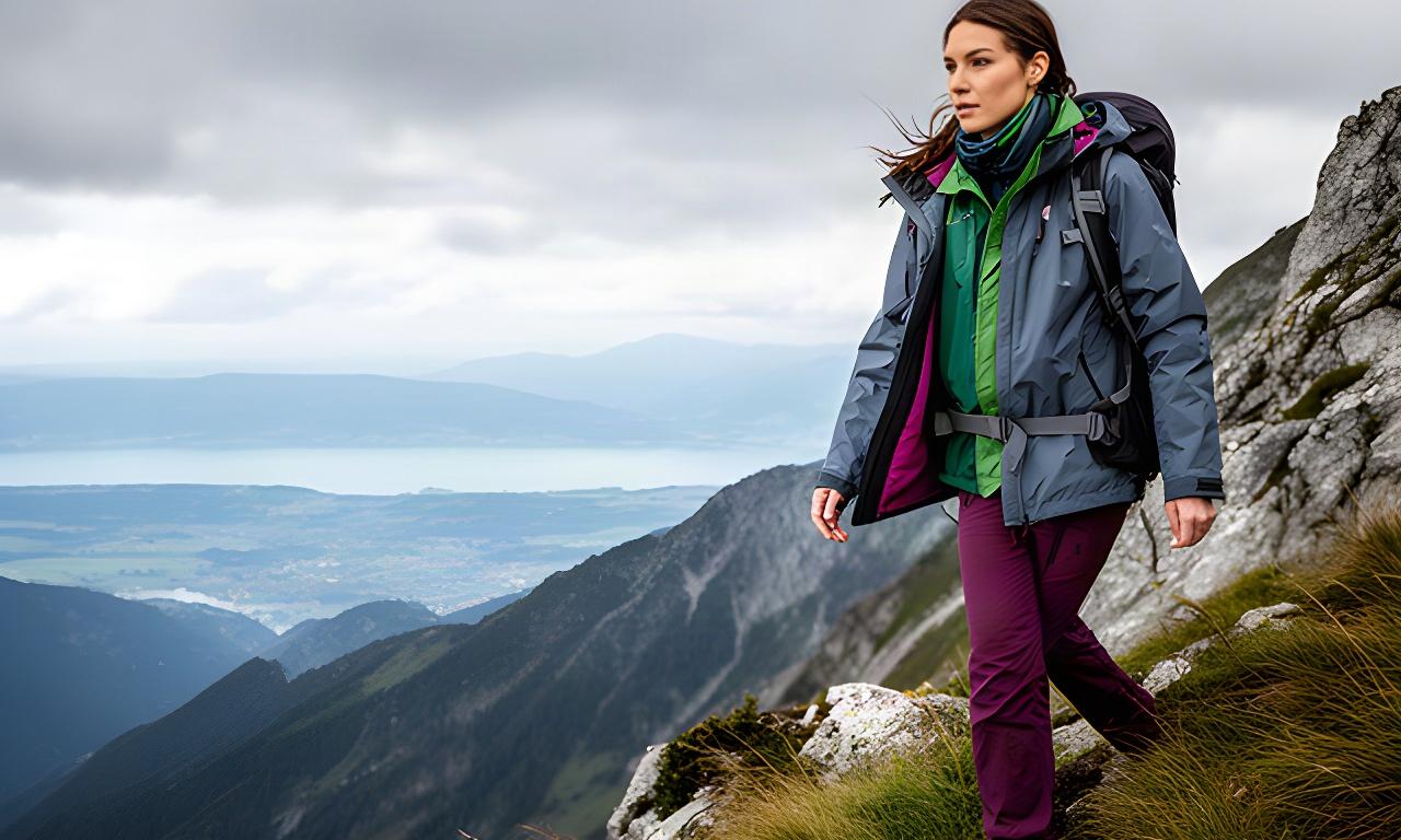 Wanderin mit wetterfester Outdoor-Bekleidung auf einem alpinen Grat am Bodensee