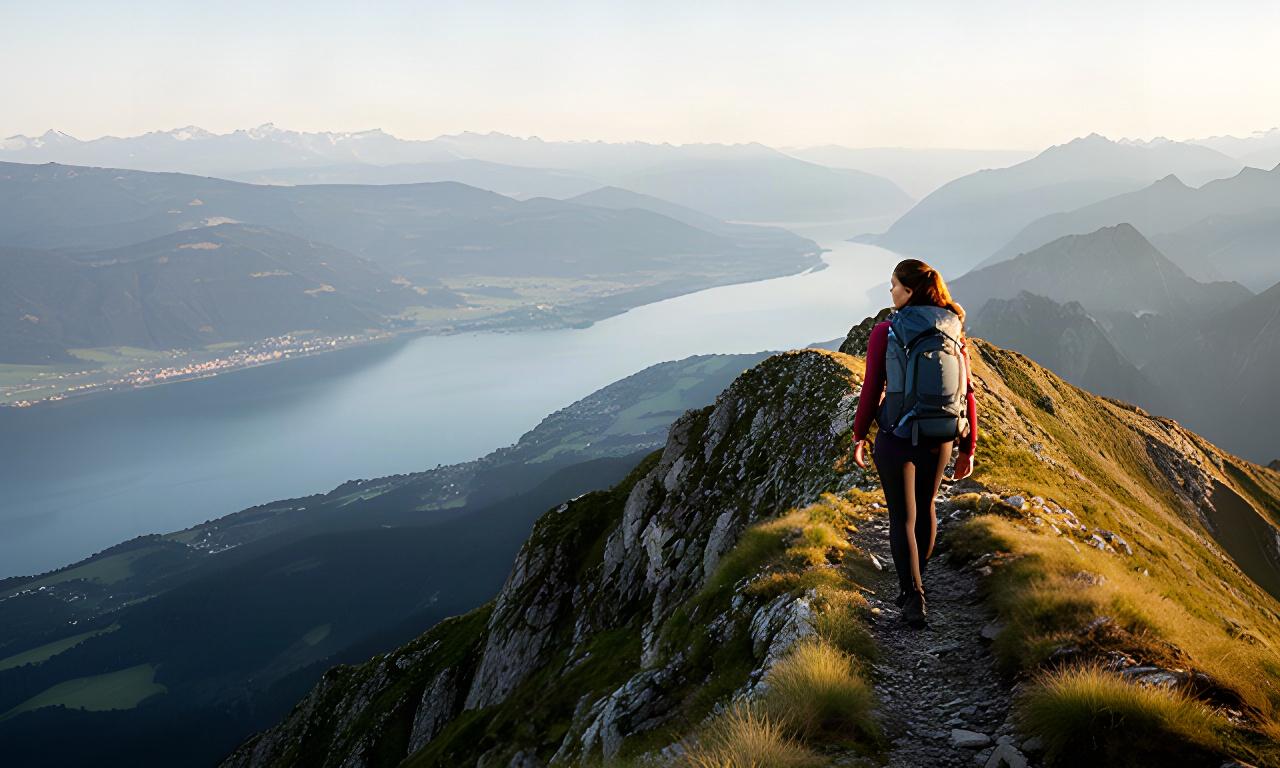 Wanderin mit Trekkingrucksack auf einem alpinen Grat über dem Bodensee